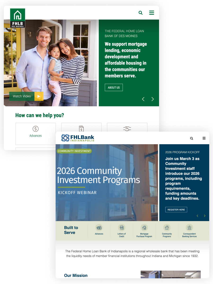 fhlbdm.com and fhlbi.com homepage screenshots