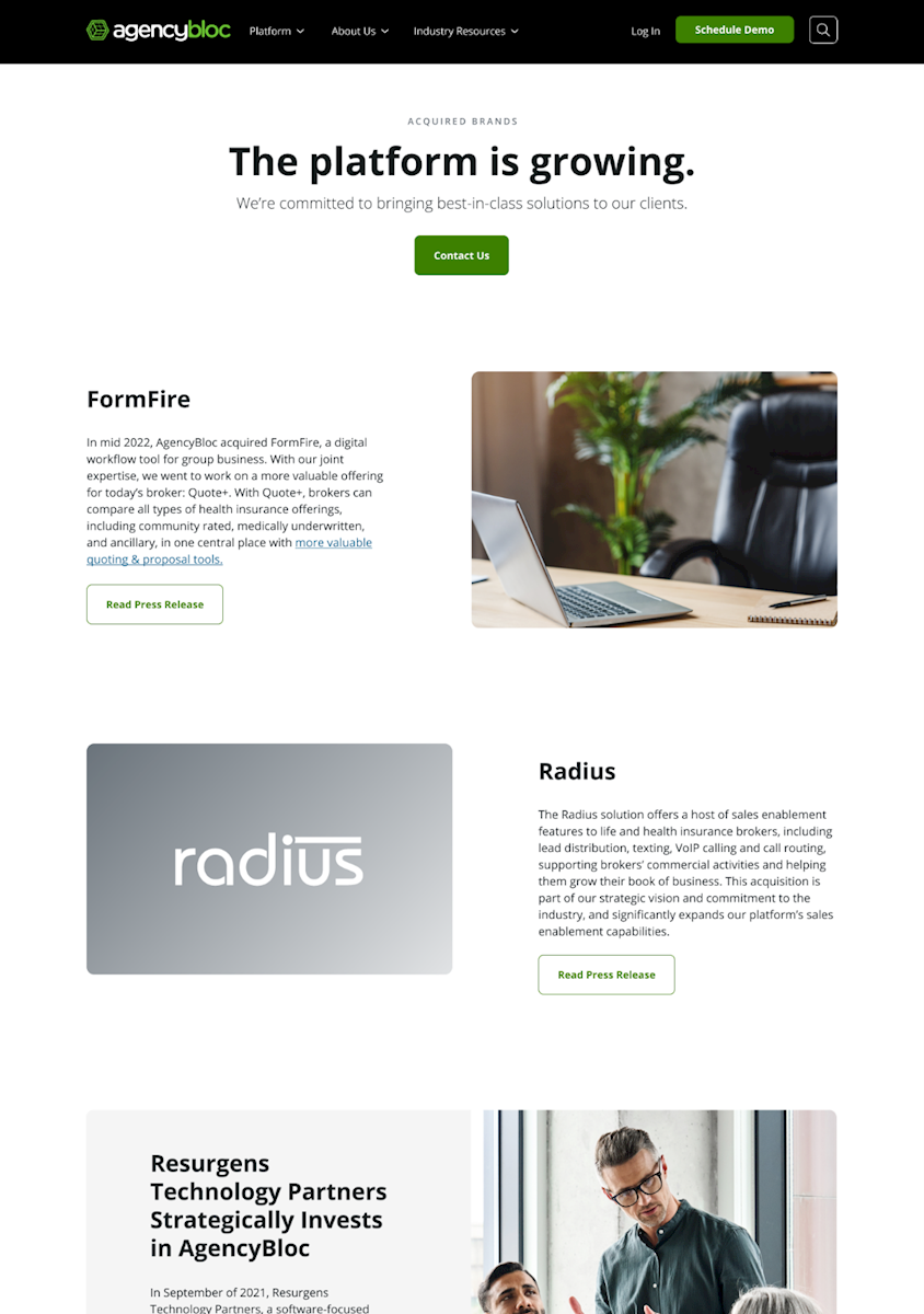 screenshot of site platform acquired brands page